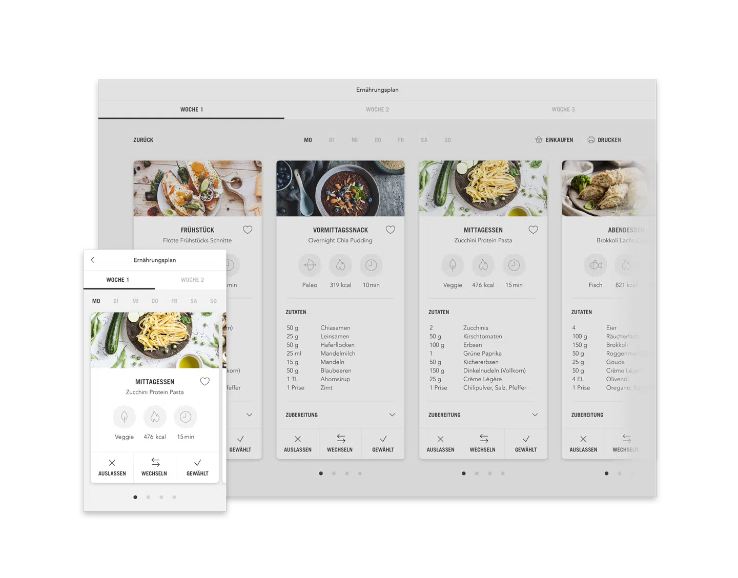 BikeX Ernährungsplan Plan mit Mahlzeiten (Desktop responsive Ansicht Beispiel Tag)